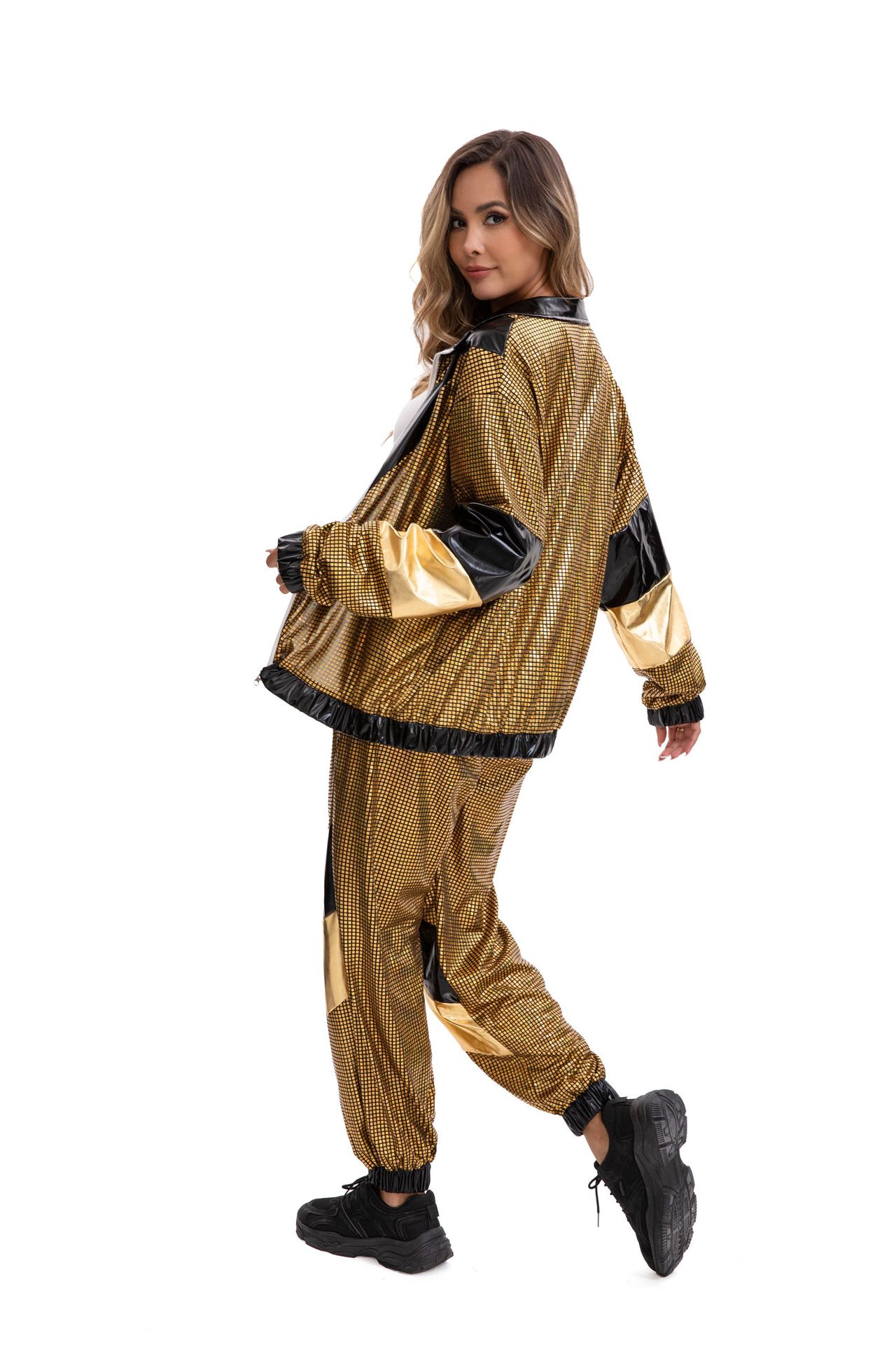 Womens Hip Hop Dance Costume Set 80s Disco Sportswear Two Piece Set Tracksuit